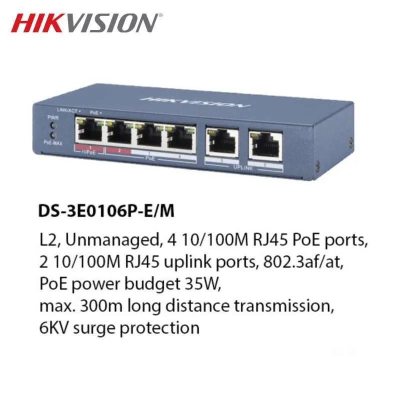 Switch POE Hikvison DS-3E0106P-E/M 4 Port Poe Fast Ethernet 2 Port RJ45 Uplink Switch POE HIK 4Port - Image 2